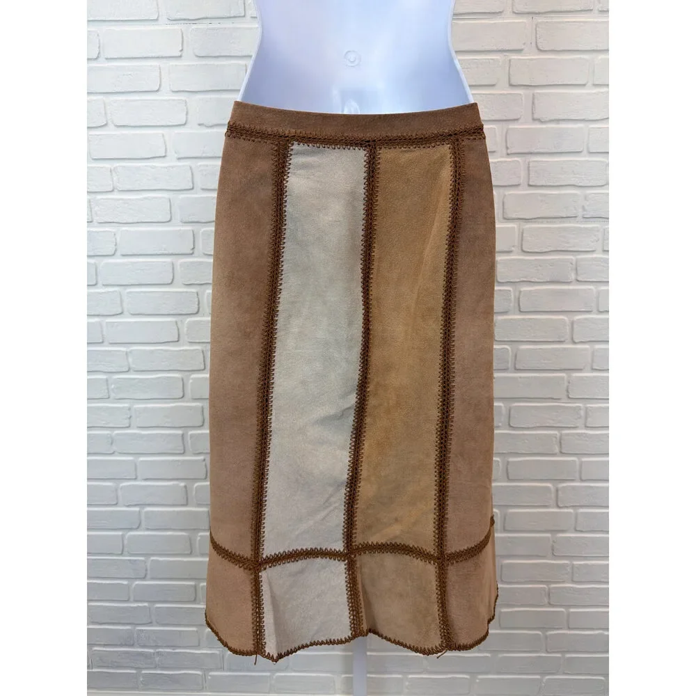 Vintage Express Western Patchwork Suede Leather Skirt Tan Size 9/10